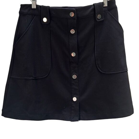 7th Avenue Women’s Black Silver Snap Button Down A-Line Mini Skirt Size 10 - Picture 3 of 6